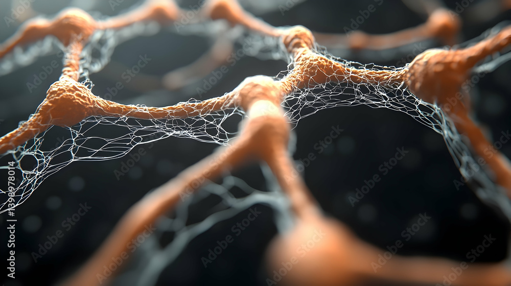 Poster abstract network of interconnected orange structures with white dots