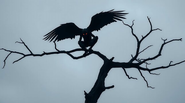 Illustration of mothman creature with glowing red eyes perched on a dead tree