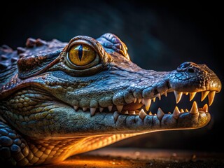 Obraz premium Night Photography Crocodile Head - Dark Reptile, Swamp Predator, Wildlife, Nocturnal Animal, Close-Up, Reptilian Eye, Fearsome Jaws, Dangerous 