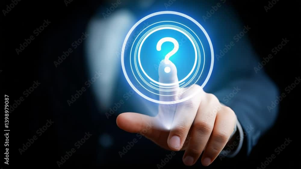 Poster businessman interacts with hologram question mark on virtual display generative ai