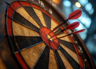 Three Darts Hitting Bullseye in Dramatic Lighting
