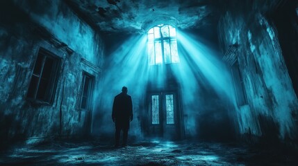 Silhouette of a figure standing in an abandoned room illuminated by light rays through a window