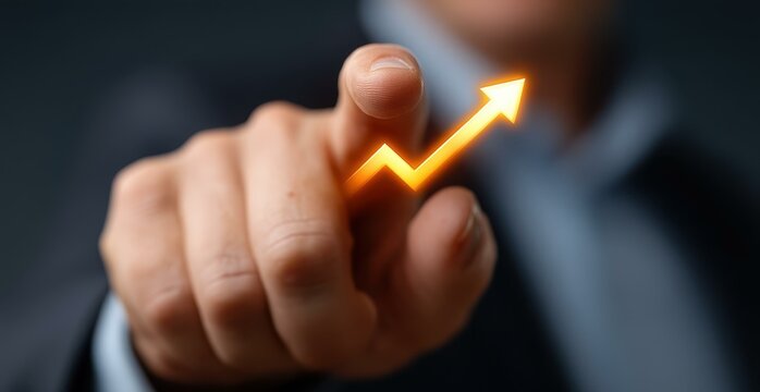 A businessman interacts with a graph symbolizing growth, set against a crisp blue backdropideal for marketing themes.