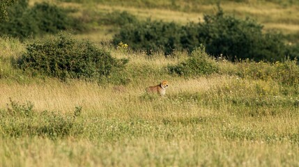 Fototapeta premium A spotted cheetah is standing in tall grassy savanna