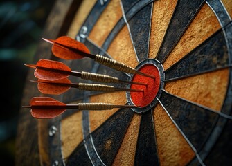 Three Darts Hitting the Bullseye in a Photorealistic Dartboard