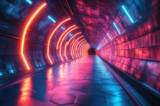 Futuristic Neon Tunnel Cyberpunk Style Glowing Hexagonal Shapes Dynamic Lighting Abstract Background