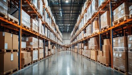 Large warehouse filled with stock.  Pallet-loaded boxes on high shelves.  Spacious interior
