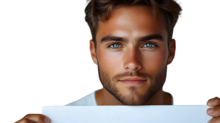 A man holding a blank sign ready for customization with text or graphics ideal for advertisin