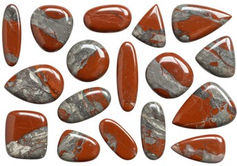 Red jasper gemstones collection for jewelry making supply isolated on white background