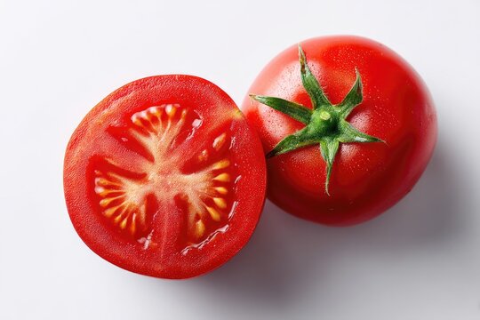 A fresh, juicy red tomato sliced in half, showcased from a top-down perspective against a clean white background. - Powered by Adobe