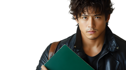 A man in a leather jacket holding a green folder exuding confidence and style for professional