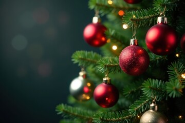 Evergreen tree adorned with colorful glass ornaments and twinkling string lights , Christmas decoration, festive atmosphere