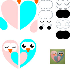 Fototapeta premium owls, cutting file, cricut, silhouette, craft, applique, decoration, animal, bird, cute, paper, felt, fabric, baby, cartoon, vector, love, heart,