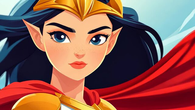 A fierce elf warrior adorned in golden armor and a striking red cape, ready for battle in a stunning fantasy world.