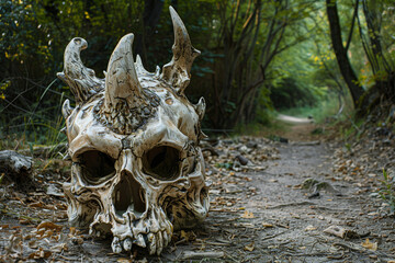 Naklejka premium Monster Skull With Fangs and Horns in Copy Space for Fantasy Roleplaying, Dark Stories or Prehistoric Bone Study