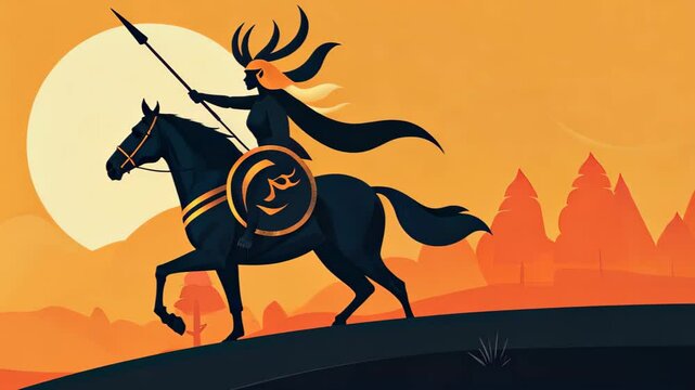 A striking valkyrie silhouette charges into battle, spear in hand, riding a majestic creature with big horns.