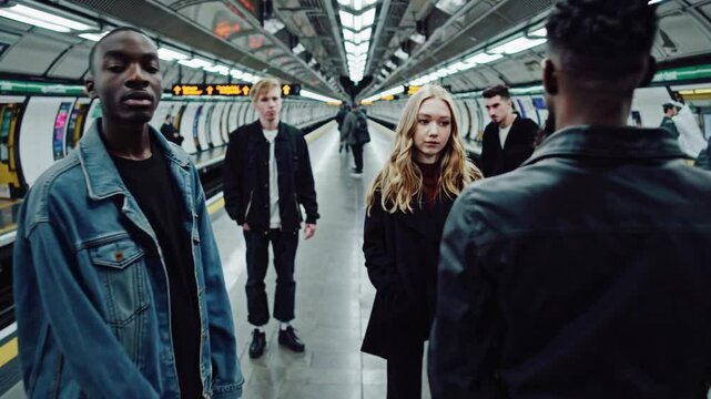 Group of friends waiting for the train on the platform of the subway station. Public transportation concept.
