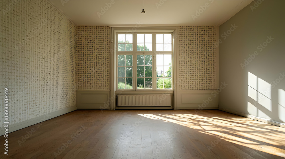 Poster empty room with large window and sunlight