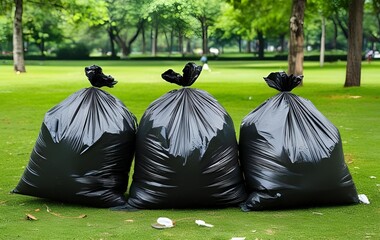 Plastic bags full of garbage in the park, Trash bags in the park
