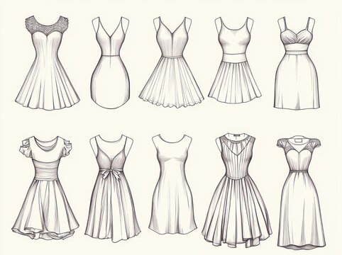 Elegant Dress Sketches Collection Minimalist Fashion Illustrations for Women Short and Medium Length