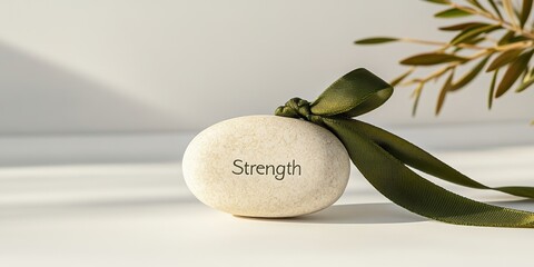 inspirational stone, stone or crystal with strength engraving next to green ribbon, soft shadows, and tranquil tabletop for mindfulness