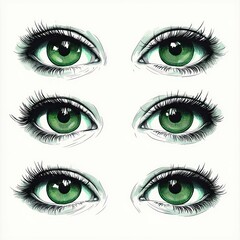 Intricate Line Art Eyes with Green Irises on White Background