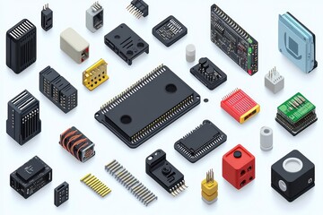 Isometric Flat Design Electronic Components Collection