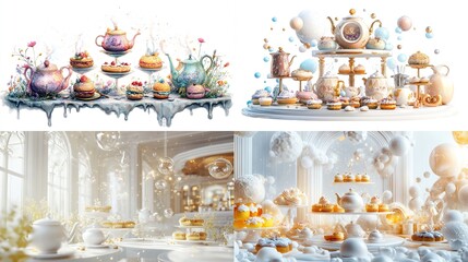Fototapeta premium Whimsical tea party scenes with pastries and teapots.