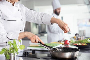 Culinary arts meet precision as a chef sprinkles parsley over a gourmet dish, ensuring a balanced gastronomy with fresh herbs. Kitchen counter filled with raw materials and fresh produce.