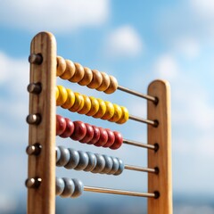Wooden abacus against a partly cloudy sky.  Colorful beads on rods for calculation