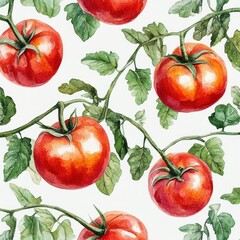 Watercolor Illustration of Fresh Juicy Tomatoes and Leaves Seamless Pattern