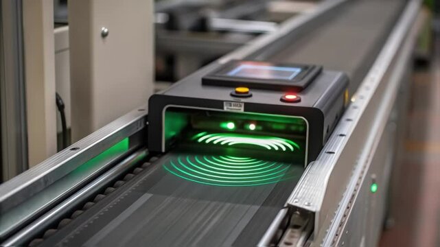 A closeup of an RFID scanner in action with an illuminated wave indicating a successful scan as a container passes through the threshold.