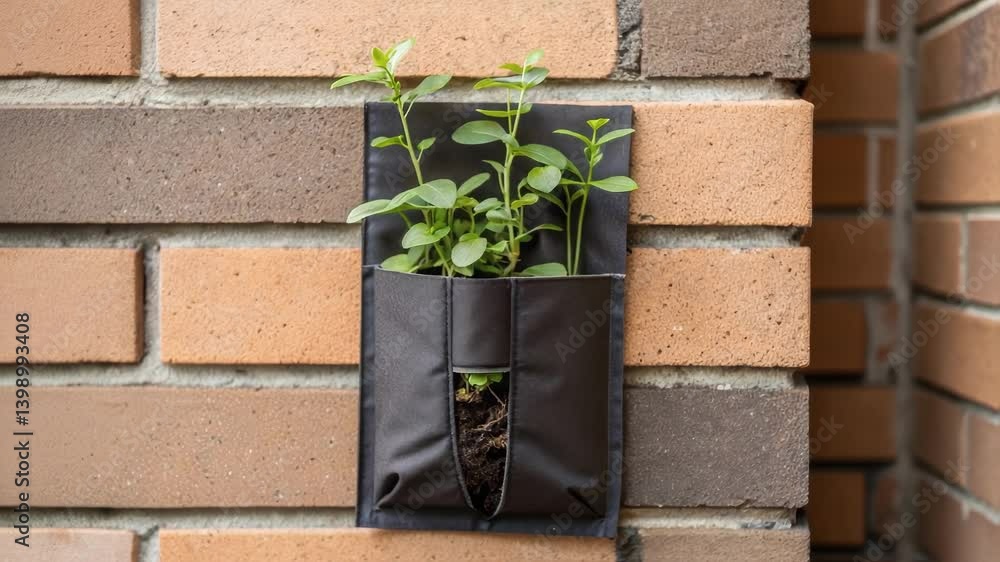 Poster a closeup of a small plant being nestled into a specially designed pocket in a vertical wall system 