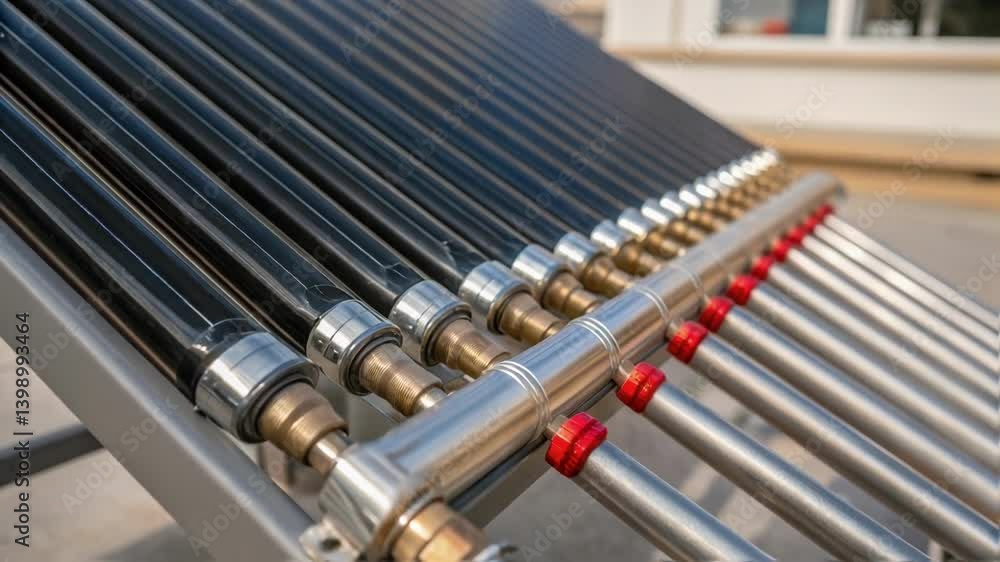 Poster a closeup of a solar water heater connecting to plumbing with glistening pipes and fittings illustra