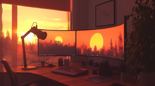 The workspace features dual curved monitors displaying a vibrant sunset over a forest landscape. A desk lamp casts warm light, enhancing the cozy atmosphere. Green plants add a touch of nature.