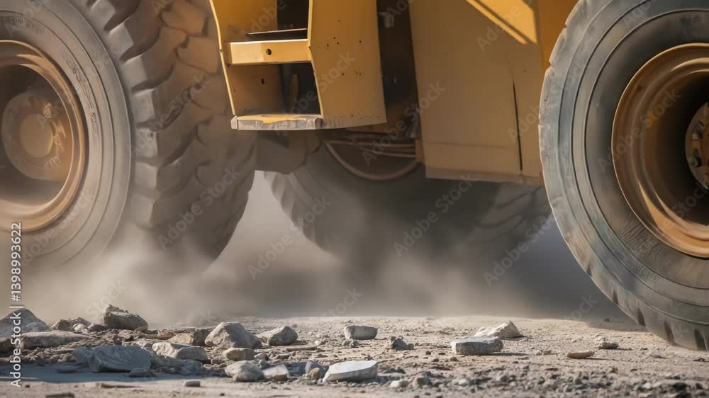 Poster a closeup of a tire from a heavy construction vehicle rolling over shattered glass and concrete rubb