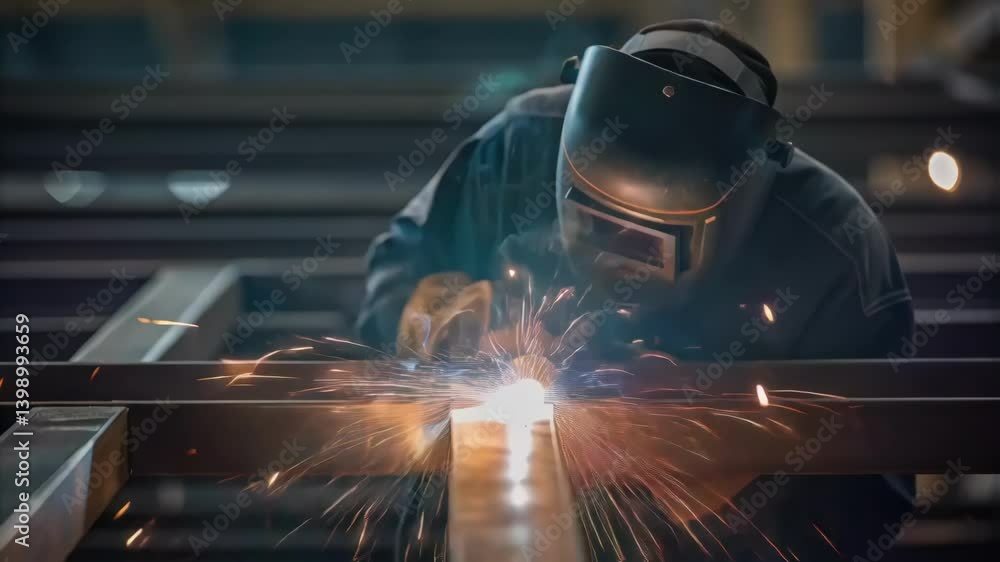 Poster A closeup of a welding torch igniting sparks as a technician fuses metal components to ensure structural integrity in the crane assembly process.