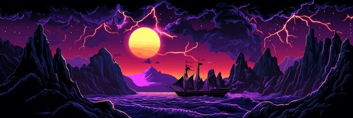 A sailing ship is positioned in the middle of the sea on a cloudy day