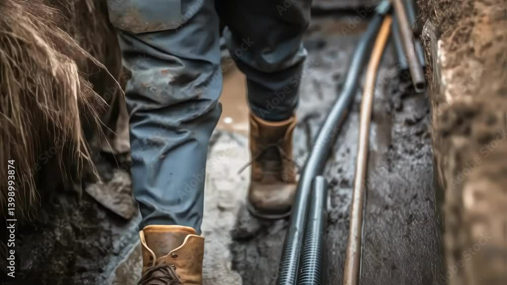 Poster a closeup of a workers boots standing in a muddy trench surrounded by tools and sewage pipes emphasi