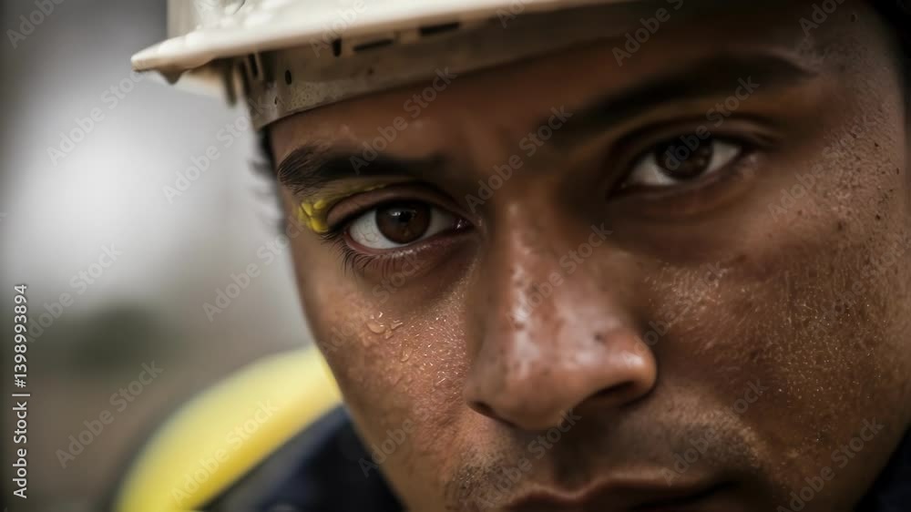 Poster A closeup of a workers face sweat on their brow as they focus intently on a task capturing the intensity and dedication of those involved in the assembly process.