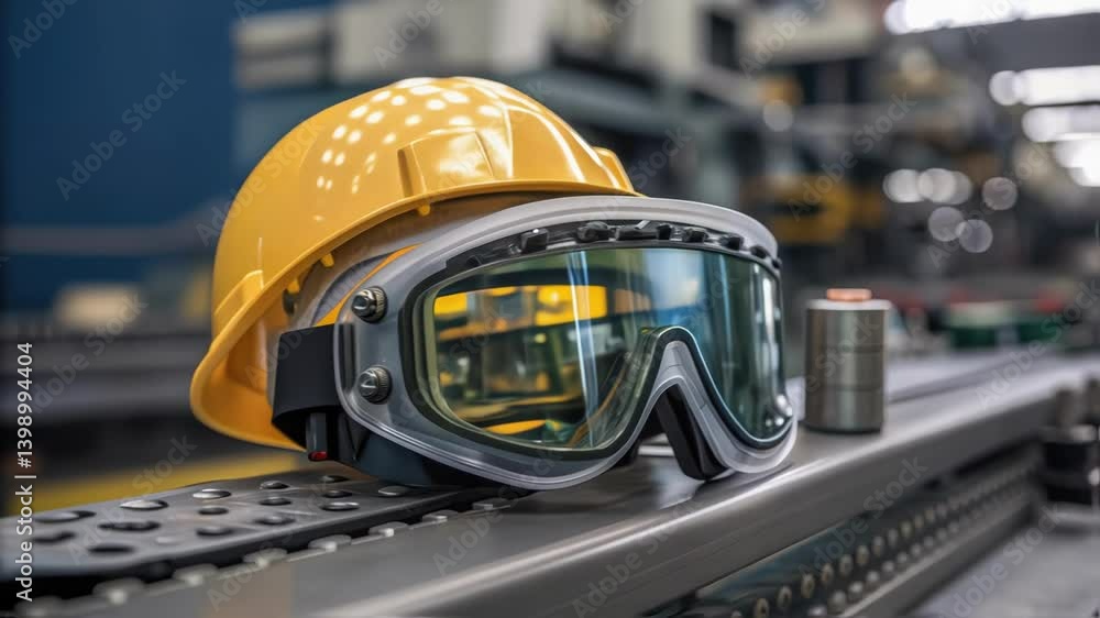 Poster a closeup of safety goggles reflecting screens and machinery underscoring the safety measures taken 