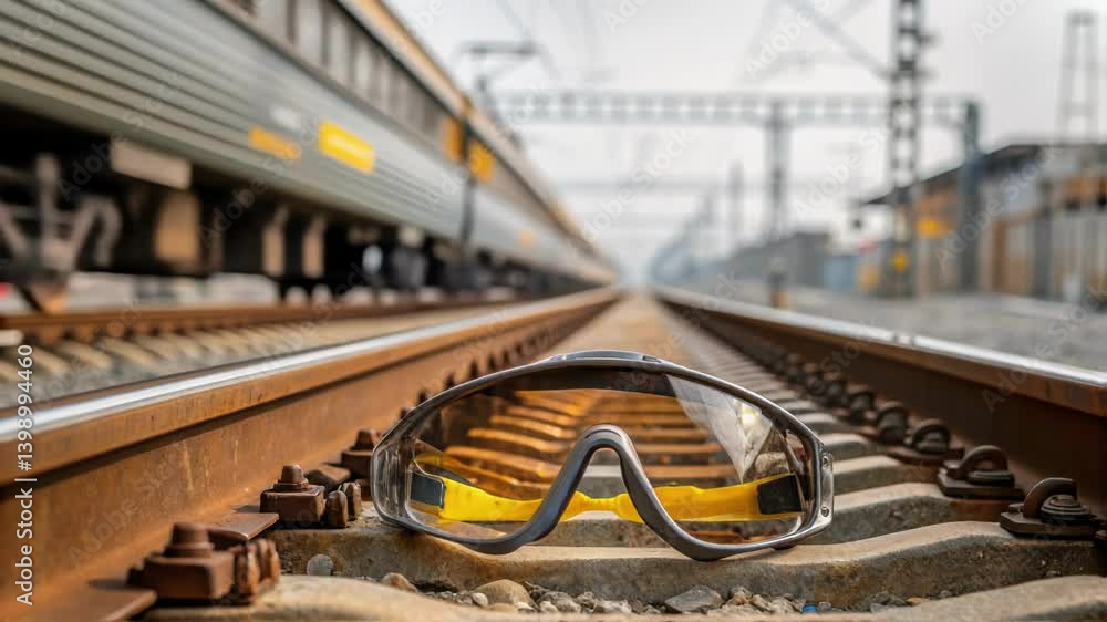 Poster a closeup of safety goggles reflecting the railway tracks and a passing train emphasizing the worker