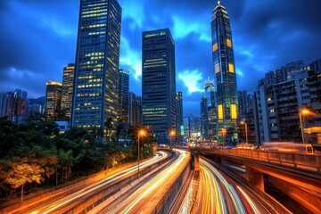 Naklejka premium A city highway with tall buildings and modern architecture in the background, captured at night under long exposure to create streaks of light from moving vehicles Generative AI