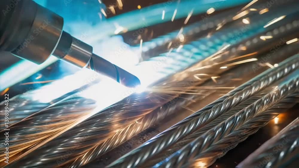 Aufkleber A closeup of welding wire being fed into the torch showing the texture and shiny surface of the material used for highstrength welds in construction applications.