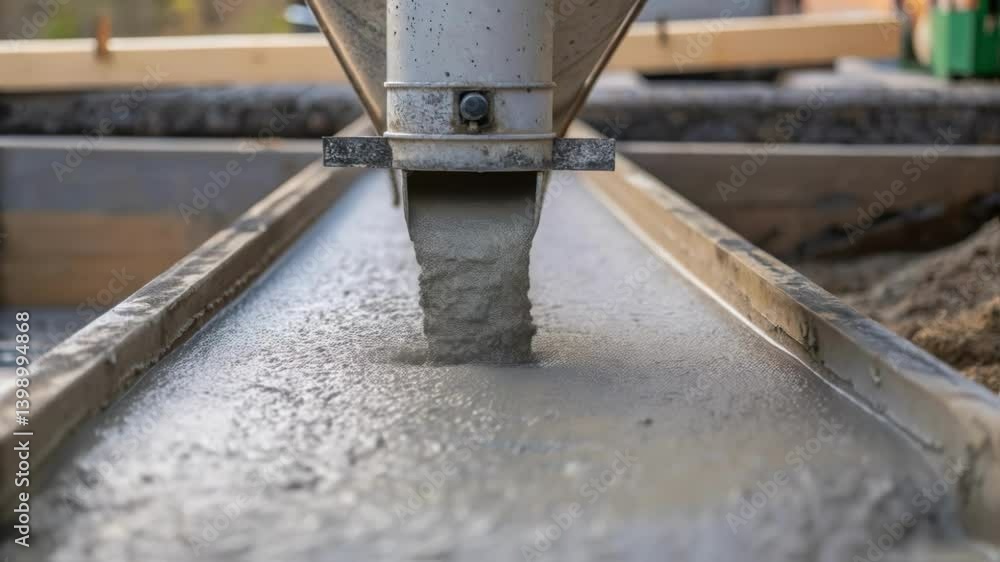 Poster A closeup shot of a concrete mixer pouring freshly mixed concrete into a section of the canal capturing the flow and mixing process in action.
