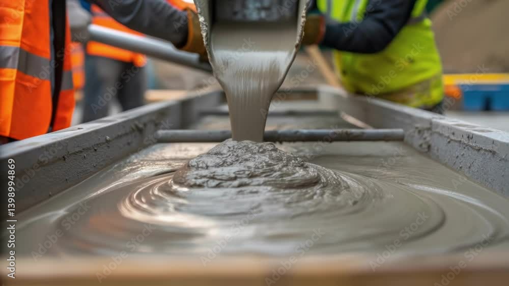 Poster A closeup of workers pouring a mixture of concrete into a mold with the focus on the pouring action and the flowing texture of the concrete.