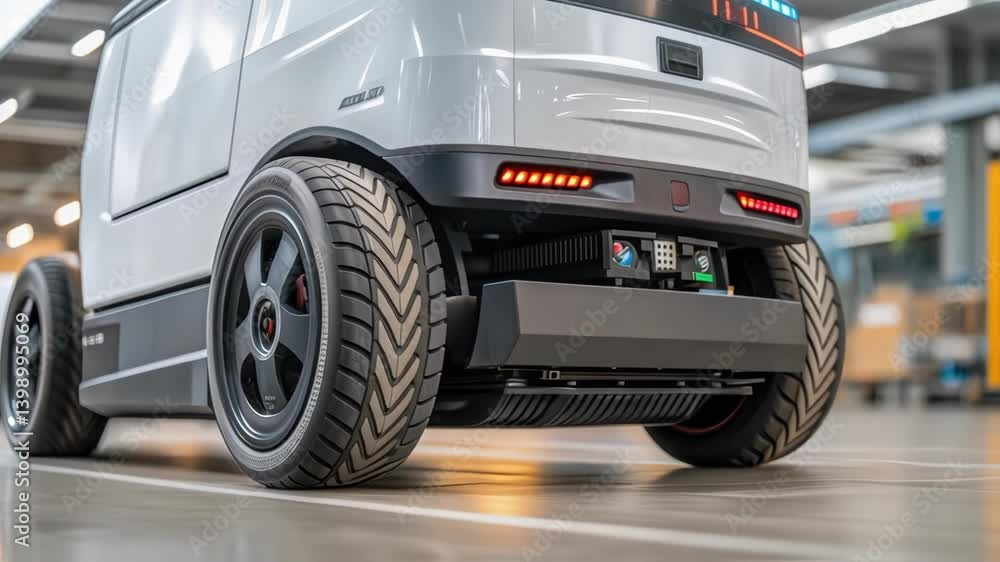 Poster A closeup shot of an automated guided vehicle AGV with its wheels in motion highlighting the detailed tread patterns on the tires and the sleek design of the vehicle.