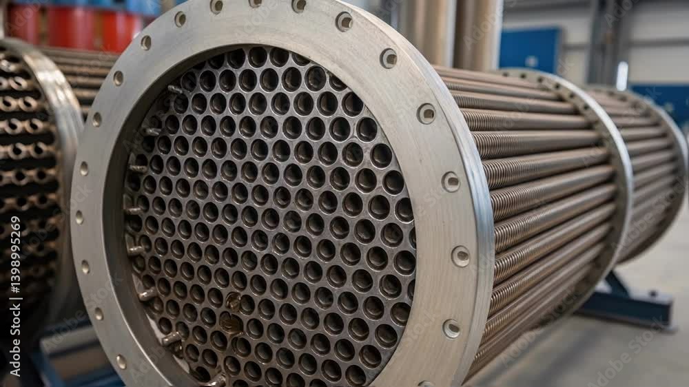 Poster A closeup view of a heat exchangers tube bundle shows intricate arrangements of tubes with various textures highlighting areas of thermal expansion and heat transfer efficiency.