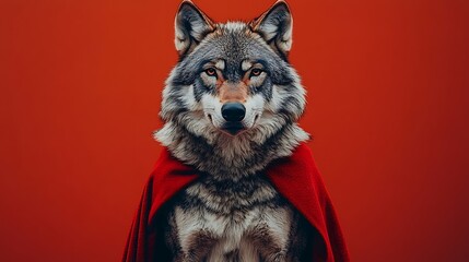 Gray Wolf in Red Cape Against Orange Background