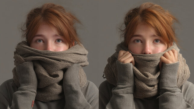 Teen girl wrapping scarf twice around neck and cheeks.
